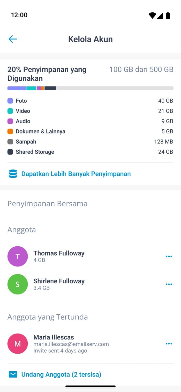 Layar penyimpanan bersama & kelola anggota Capsyl